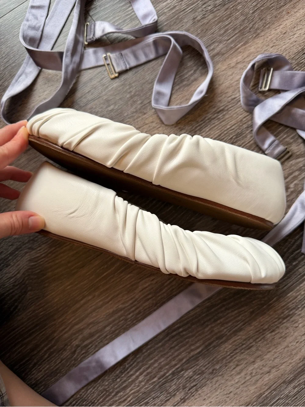 Yume Yume Cream Ballet Flats with Gray Satin Ribbon